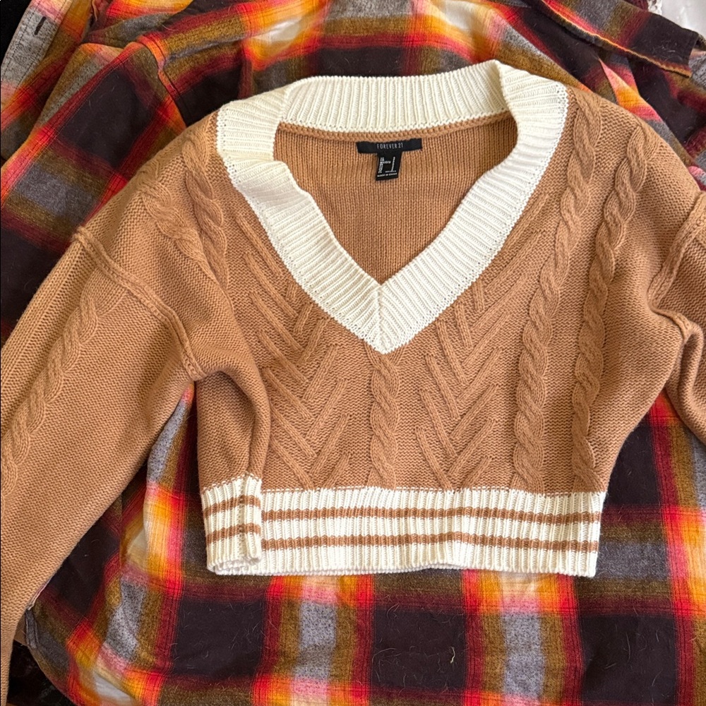 Forever 21 Camel and Ivory V-Neck Sweater